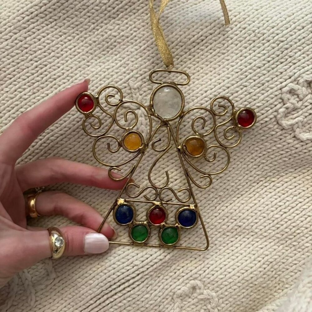 Gold tone metal and colorful gem stone angel